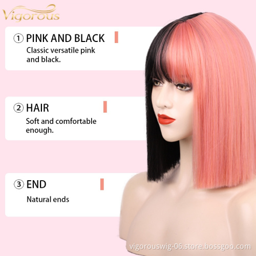 Vigorous free shipping private label color bob perruque full fiber blended synthetic no lace front pixie  wigs with bangs